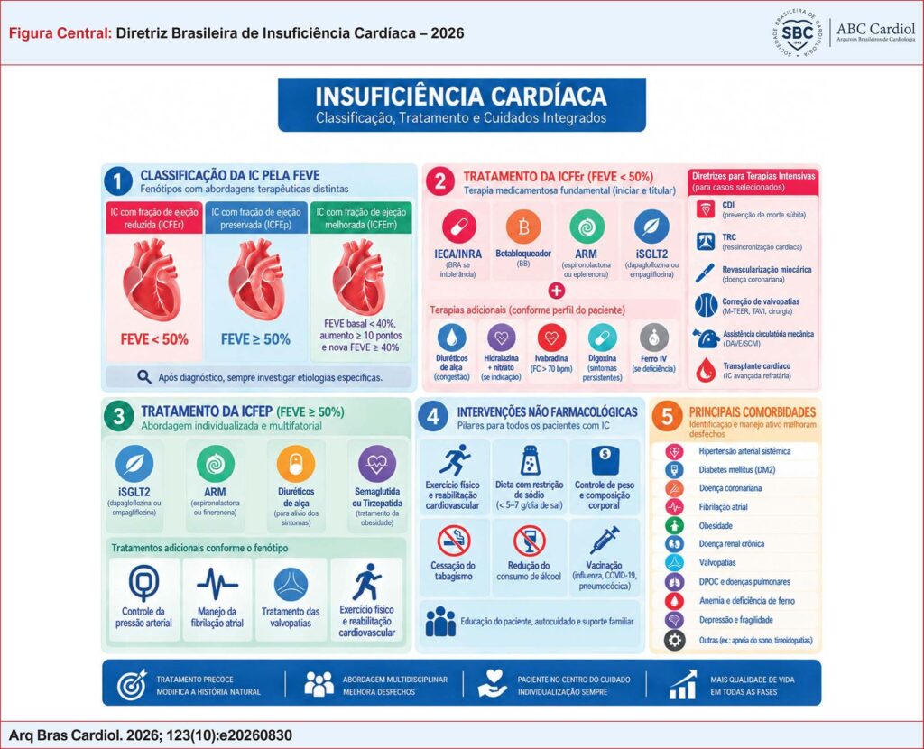 BRA: bloqueador dos receptores da angiotensina; BRD: bloqueio de ramo direito; BRE: bloqueio do ramo esquerdo; CDI: cardioversor desfibrilador implantável; CF: classe funcional da New York Heart Association; FA: fibrilação atrial; FC: frequência cardíaca; FEVE: fração de ejeção do ventrículo esquerdo; H+N: hidralazina + nitrato; IC: insuficiência cardíaca; ICFEr: insuficiência cardíaca com fração de ejeção reduzida; IECA: inibidores da enzima conversora da angiotensina; INRA: inibidor da neprilisina e do receptor de angiotensina; iSGLT2: inibidores do cotransportador de sódio-glicose 2; iSRAA: inibidores do sistema renina-angiotensina-aldosterona; TRC: terapia de ressincronização cardíaca.