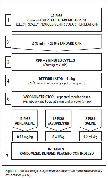 Experimental cardiac arrest treatment with adrenaline, vasopressin, or placebo