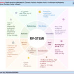 Characteristics of RV involvement in STEMI. Figure created with BioRender.com. AKI: acute kidney injury; GP: glycoprotein; RV: right ventricular; STEMI: ST-segment elevation myocardial infarction; TAVB: total atrioventricular block.