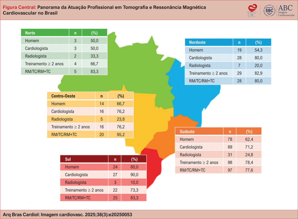 Perfil dos profissionais de acordo com a região do país. RM: ressonância magnética; TC: tomografia cardíaca.