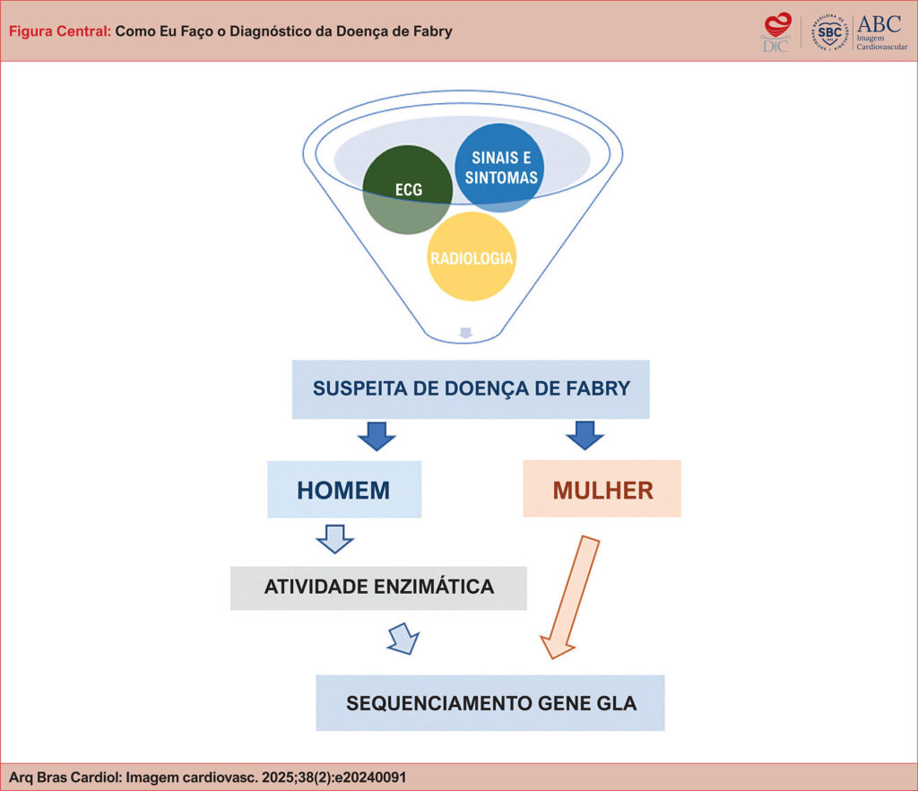 Sequência diagnóstica da DAF: exames complementares. ECG: eletrocardiograma; GLA: gene associado à DAF (cromossomo X).