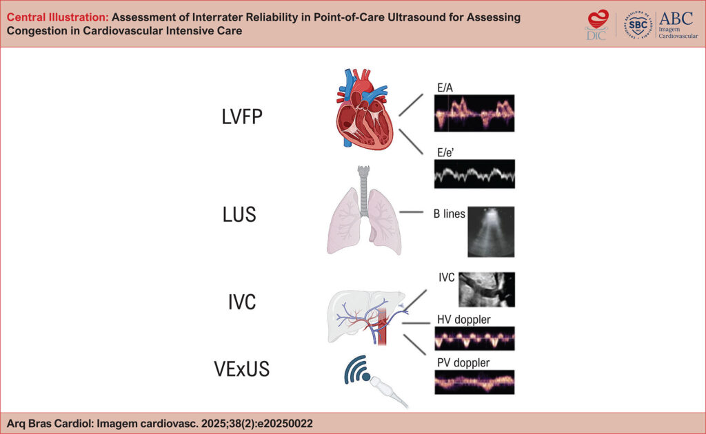 Key POCUS parameters assessed in this study included LVFP, LUS, IVC measurements, and venous congestion evaluation using the mVExUS Score. The variables analyzed were E/A and E/e’ ratios for LVFP, B-lines for LUS, IVC diameter and collapsibility, and hepatic vein (HV) and portal vein (PV) Doppler assessments for mVExUS. Created with BioRender.com.
