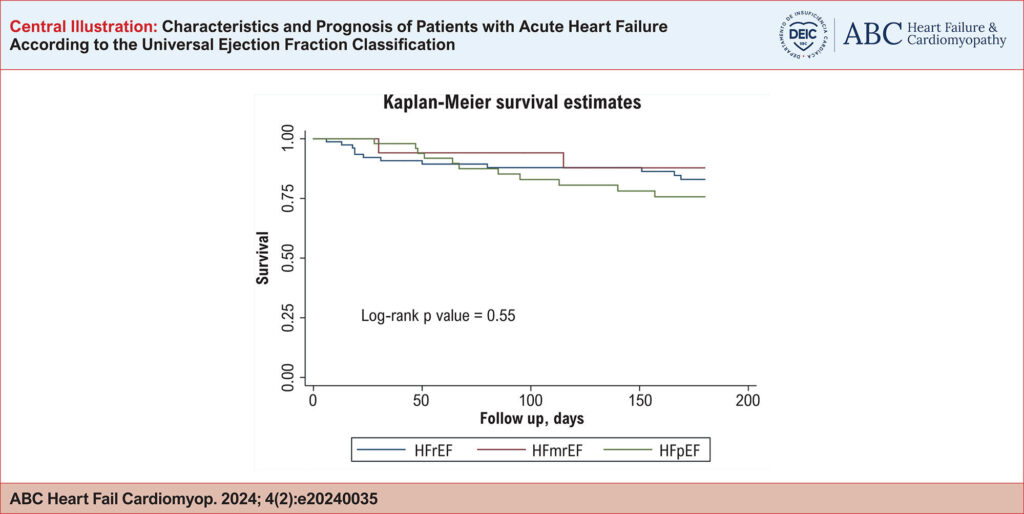 Survival probability curve, according to the ejection fraction classification. HFmrEF: heart failure with mildly reduced ejection fraction; HFpEF: heart failure with preserved ejection fraction; HFrEF: heart failure with reduced ejection fraction.