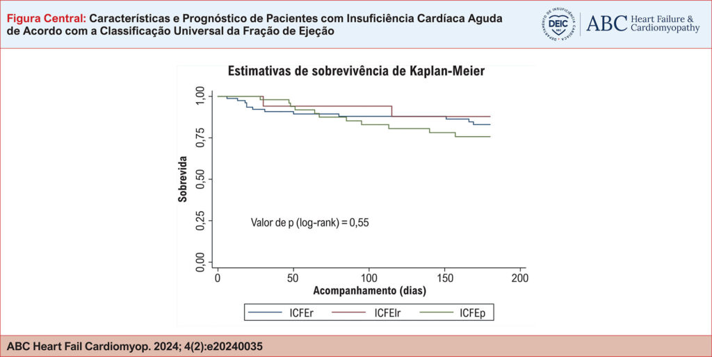 Curva de probabilidade de sobrevivência de acordo com a classificação da fração de ejeção. ICFElr: insuficiência cardíaca com fração de ejeção levemente reduzida; ICFEp: insuficiência cardíaca com fração de ejeção preservada; ICFEr: insuficiência cardíaca com fração de ejeção reduzida.